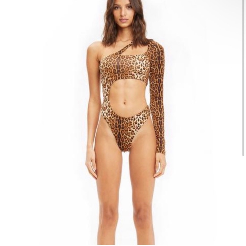 One-Shoulder Leopard Print Cutout Swimsuit - Brown